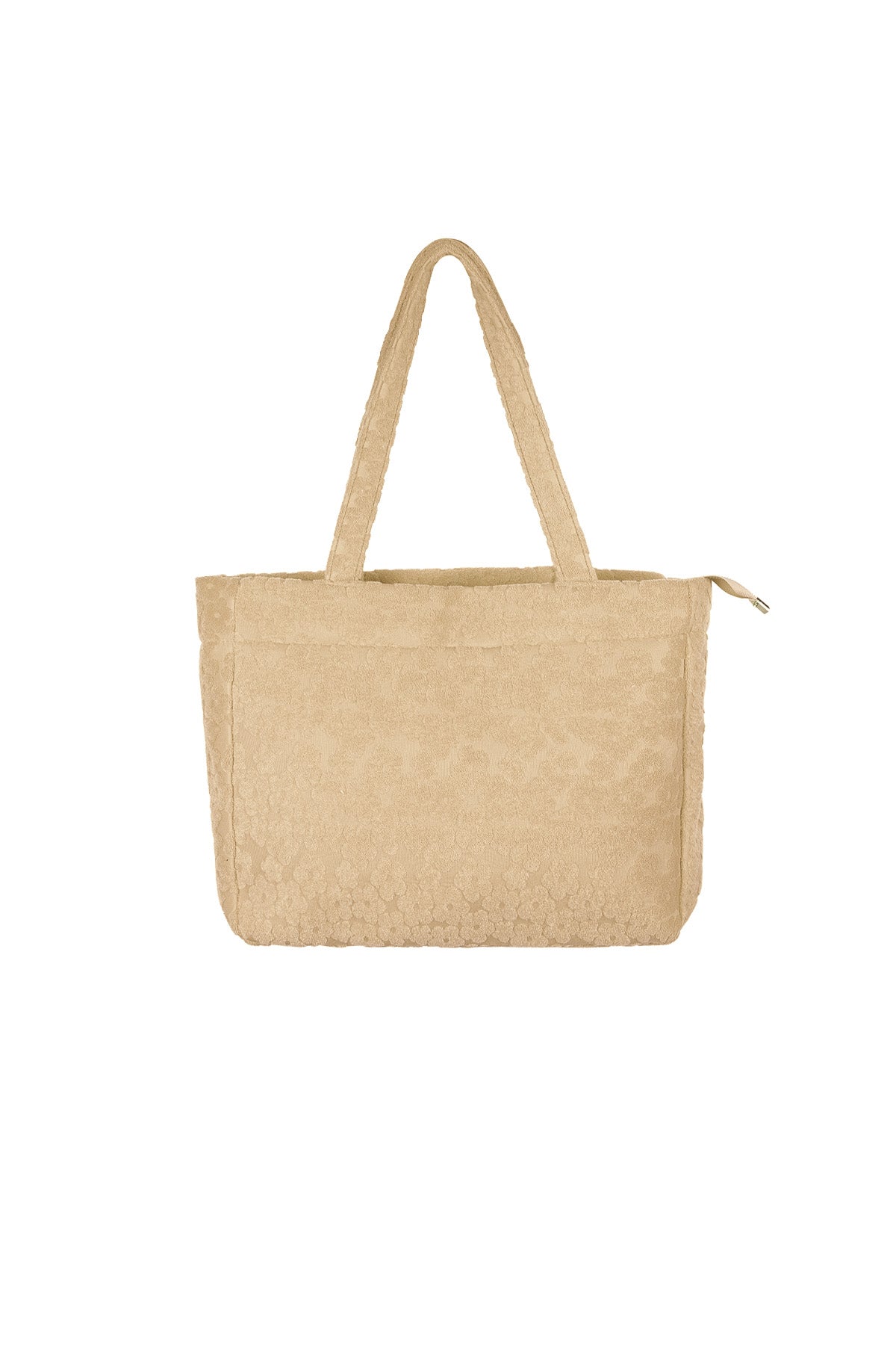 Beige Bloom tote bag with a woven textured design displayed on a white background from Sorea Fashion.