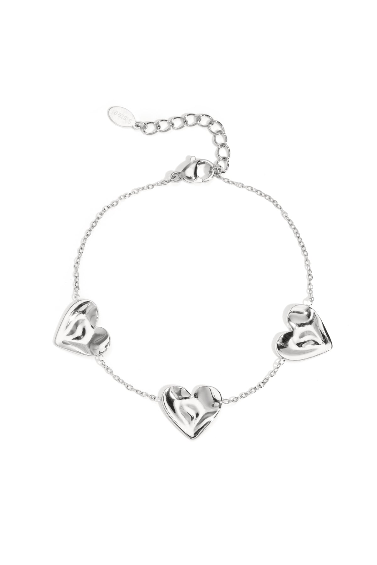 Silver bracelet featuring heart-shaped charms displayed on a white background from Sorea Fashion.