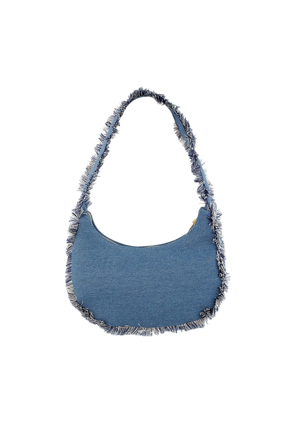 Side view of the LIN handbag from Sorea Fashion in a blue denim-style finish.
