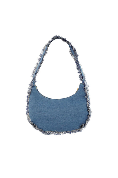 Side view of the LIN handbag from Sorea Fashion in a blue denim-style finish.