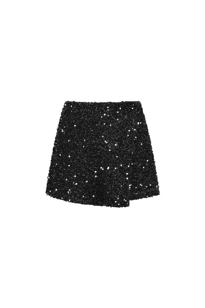 Black Livia mini skirt with a fitted silhouette displayed on a white background from Sorea Fashion.
