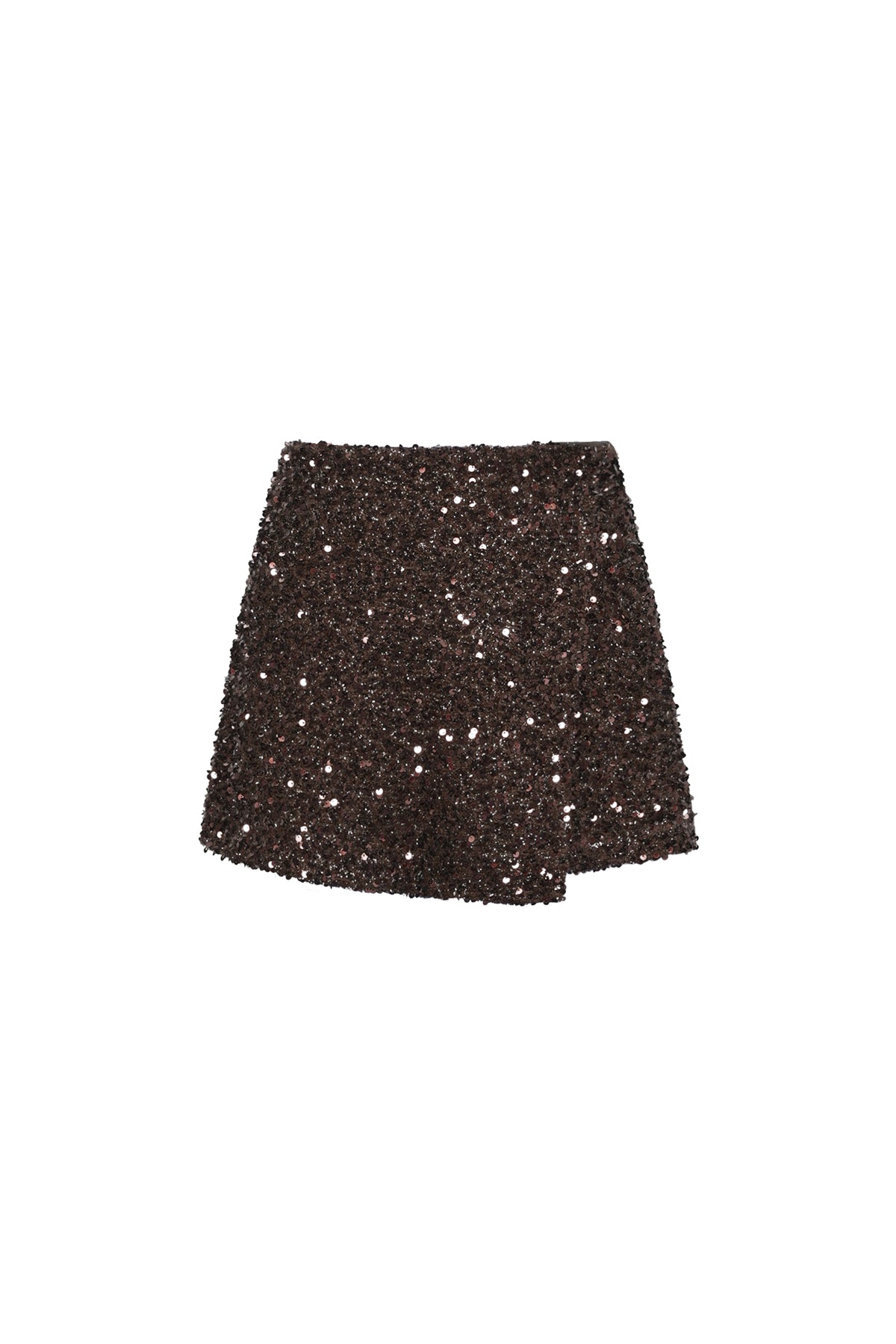 Brown Livia mini skirt with a fitted silhouette displayed on a white background from Sorea Fashion.