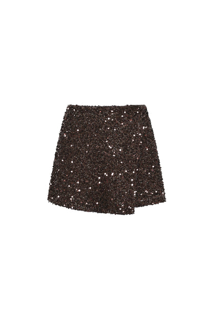 Brown Livia mini skirt with a fitted silhouette displayed on a white background from Sorea Fashion.