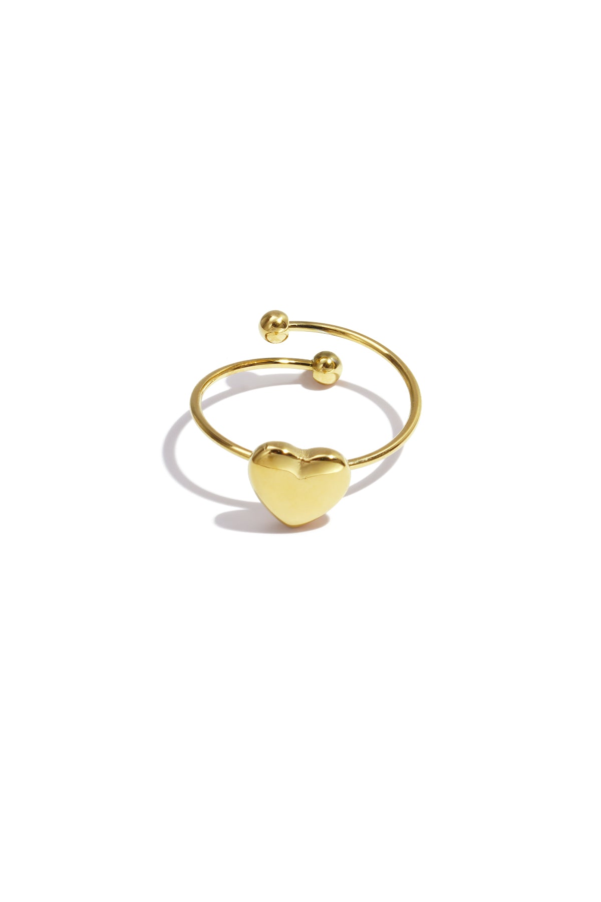 Gold heart-shaped ring with a minimalist open-heart design displayed on a white background from Sorea Fashion.