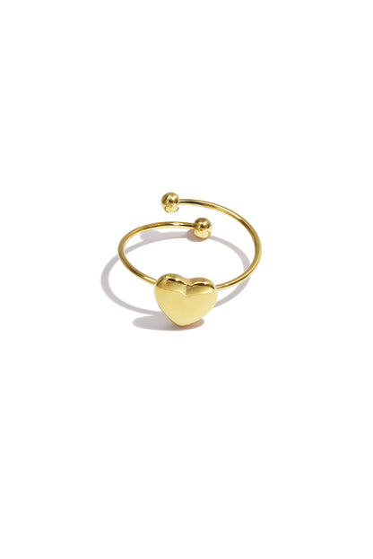 Gold heart-shaped ring with a minimalist open-heart design displayed on a white background from Sorea Fashion.