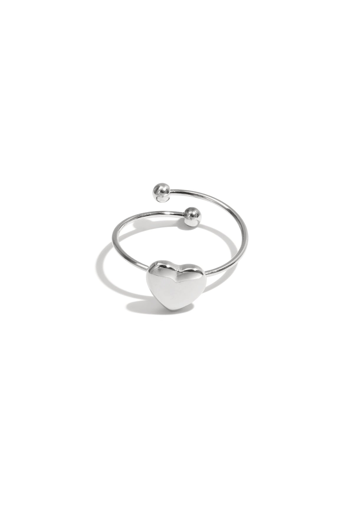 Silver heart-shaped lovey ring with a minimalist open-heart design shown on a white background from Sorea Fashion.