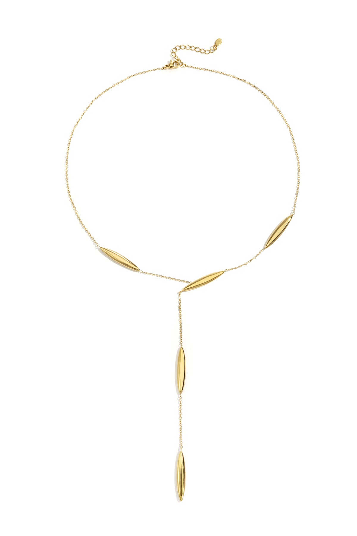 Gold Nova necklace featuring a round pendant with a delicate dangling charm displayed on a white background from Sorea Fashion.