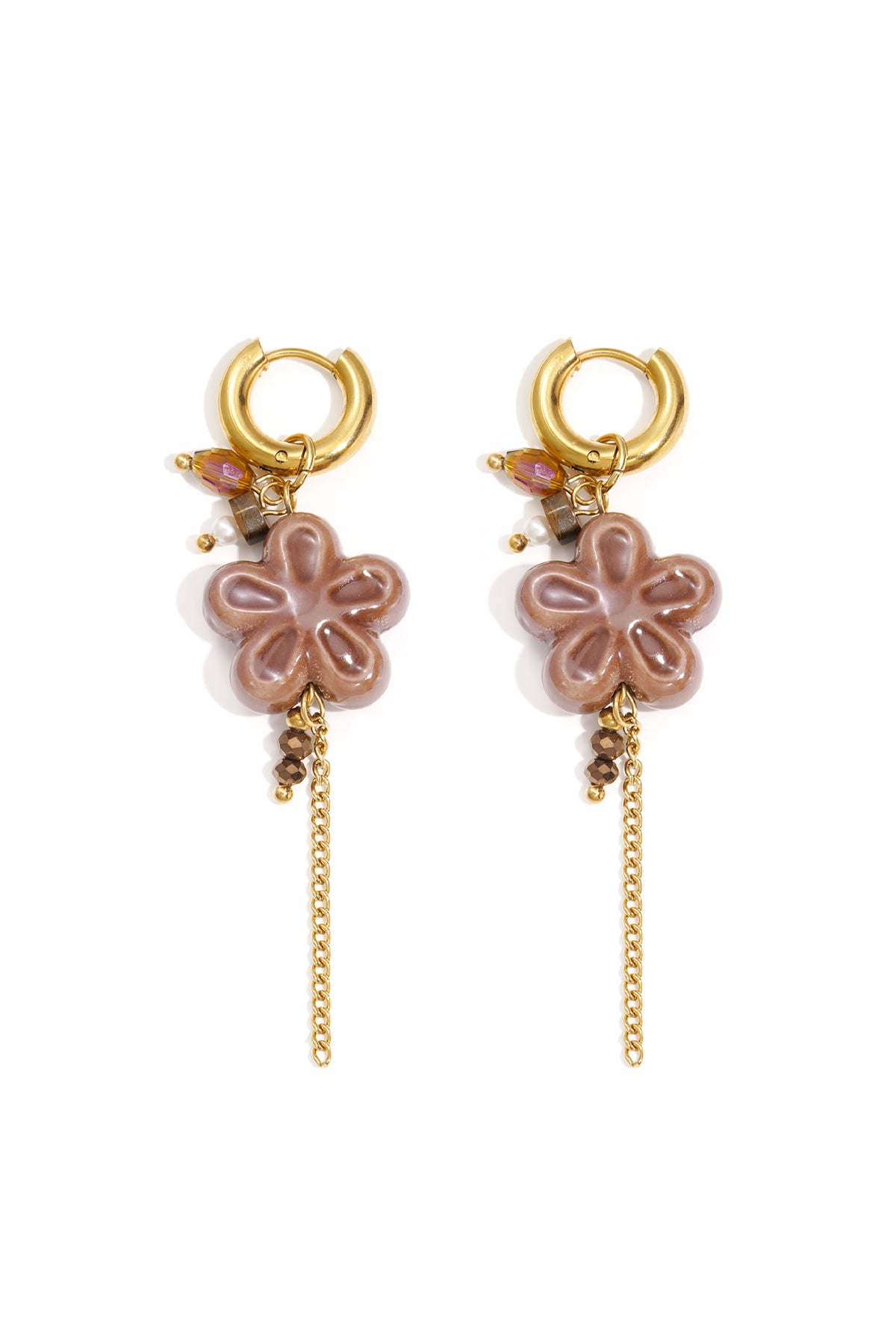 Red and pink Petal earrings with floral design displayed on a white background from Sorea Fashion.