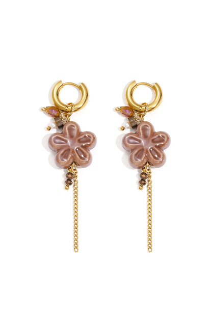 Red and pink Petal earrings with floral design displayed on a white background from Sorea Fashion.