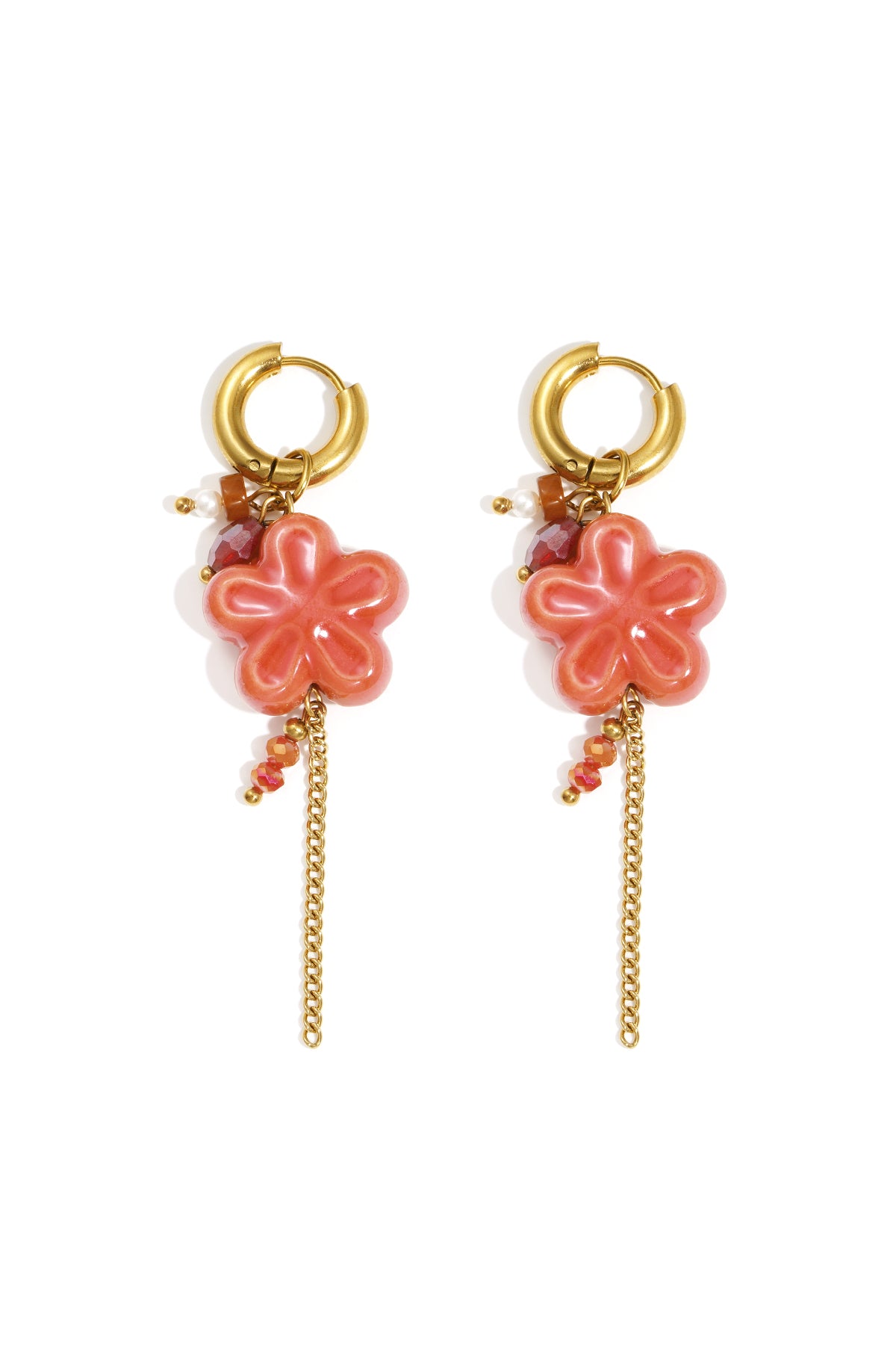 Red and pink flower-shaped Petal earrings with gold detail displayed on a white background from Sorea Fashion.