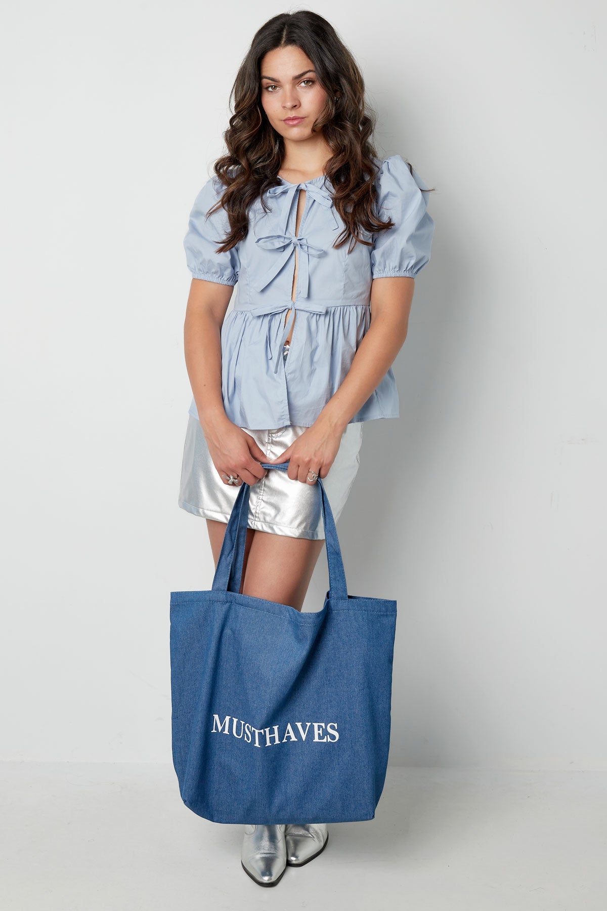 Blue Rae tote bag with a structured minimalist design styled with a casual outfit from Sorea Fashion.
