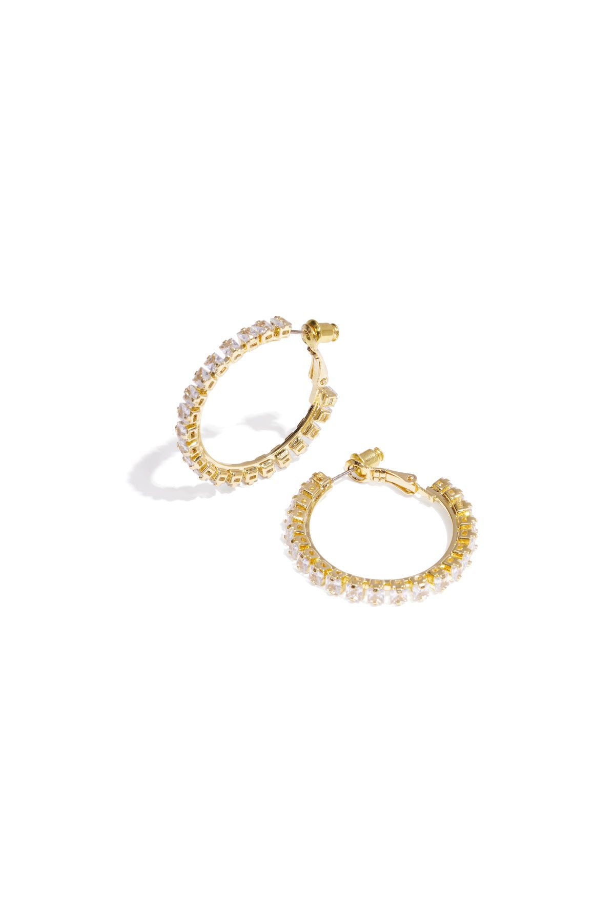 Gold hoop earrings displayed as a pair on a white background, Rina earrings by Sorea Fashion.
