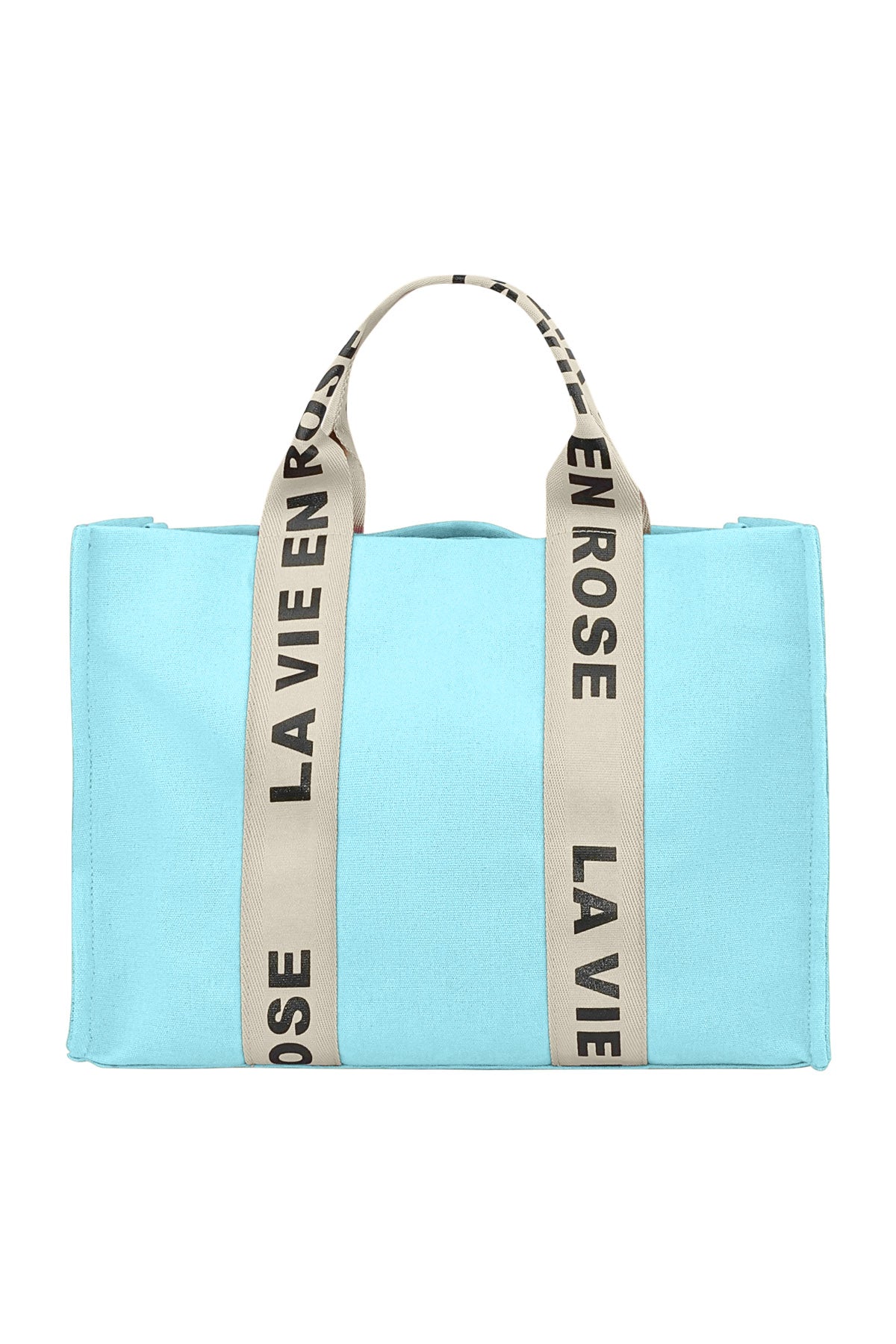 Blue Rose tote bag with gold-tone hardware and striped handles displayed on a white background from Sorea Fashion.