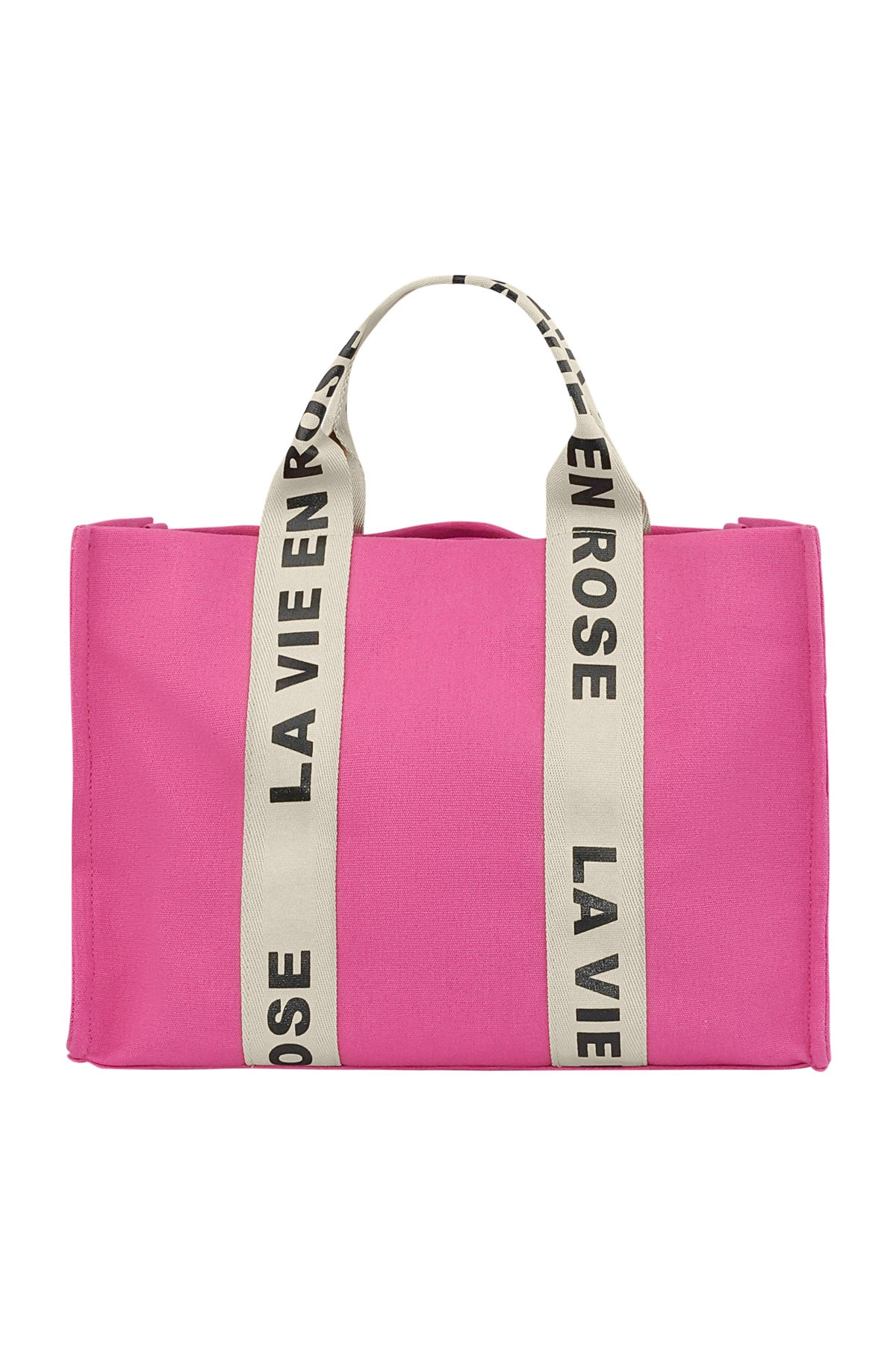 Pink Rose tote bag with gold-tone hardware and striped handles shown on a white background from Sorea Fashion.