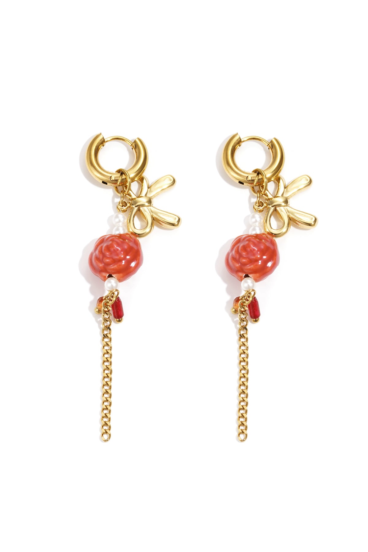 Gold Rosey earrings featuring small rose-shaped details displayed on a white background from Sorea Fashion.