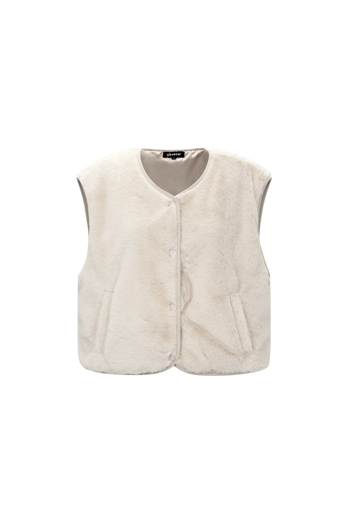Beige Rylee faux fur vest with a soft fluffy texture displayed on a white background from Sorea Fashion.