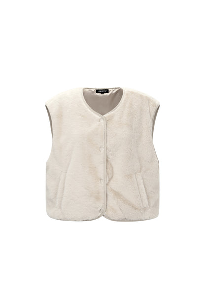 Beige Rylee faux fur vest with a soft fluffy texture displayed on a white background from Sorea Fashion.