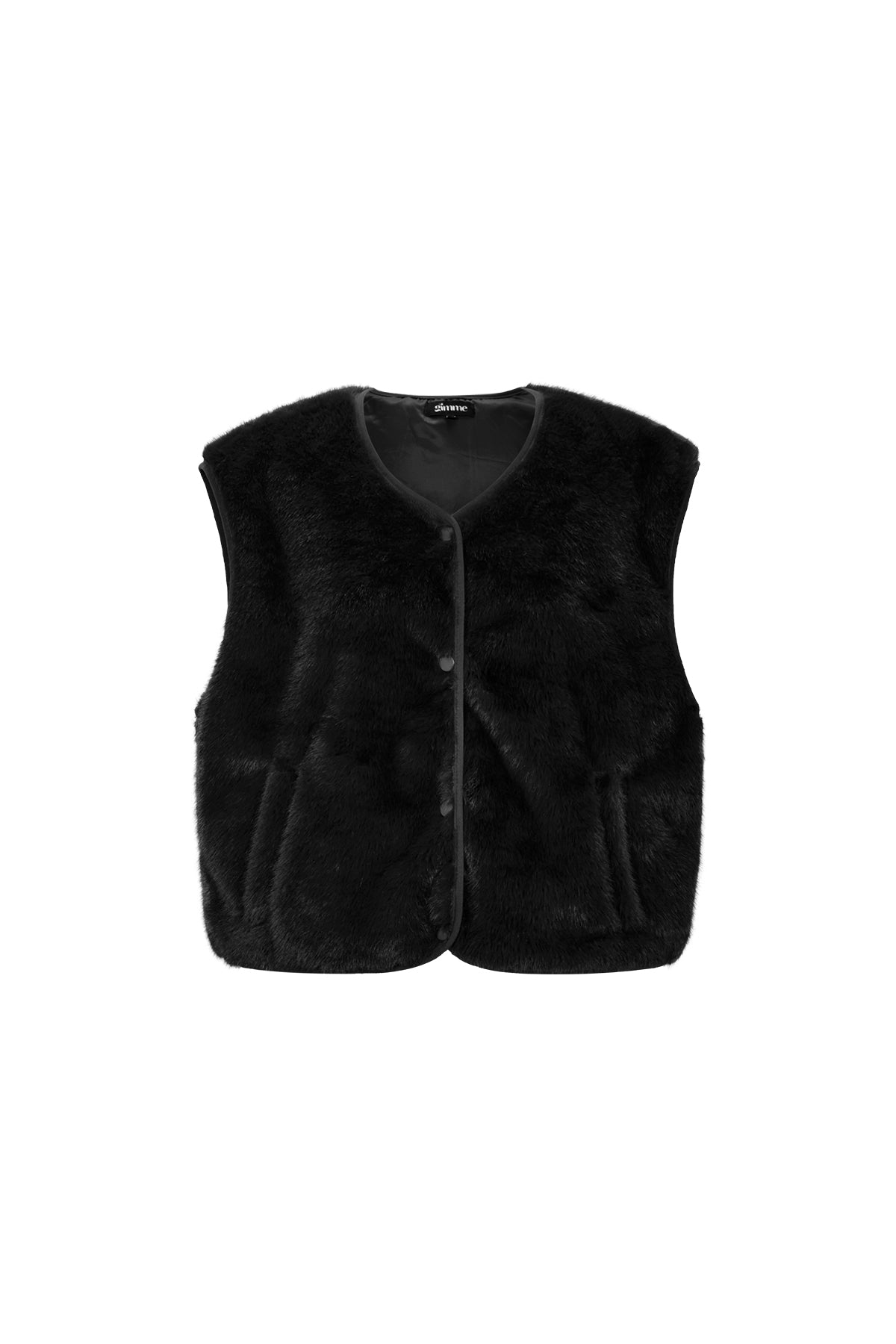 Black Rylee faux fur vest with a smooth fluffy finish displayed on a white background from Sorea Fashion.