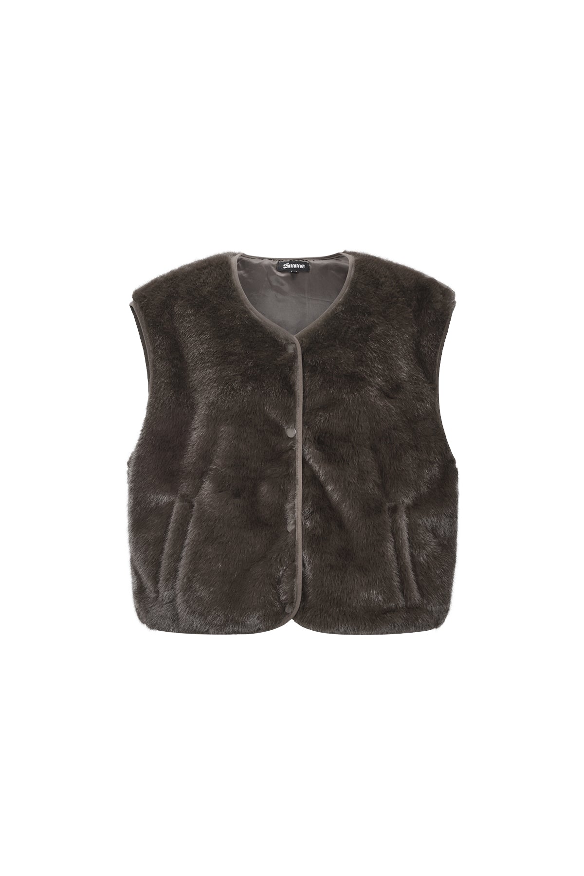 Brown Rylee faux fur vest with a soft fluffy appearance displayed on a white background from Sorea Fashion.