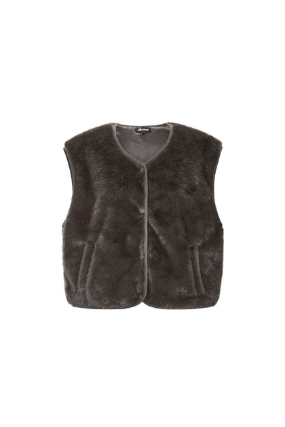 Brown Rylee faux fur vest with a soft fluffy appearance displayed on a white background from Sorea Fashion.