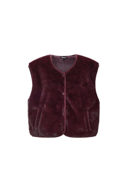 Burgundy Rylee faux fur vest with a plush textured finish shown on a white background from Sorea Fashion.