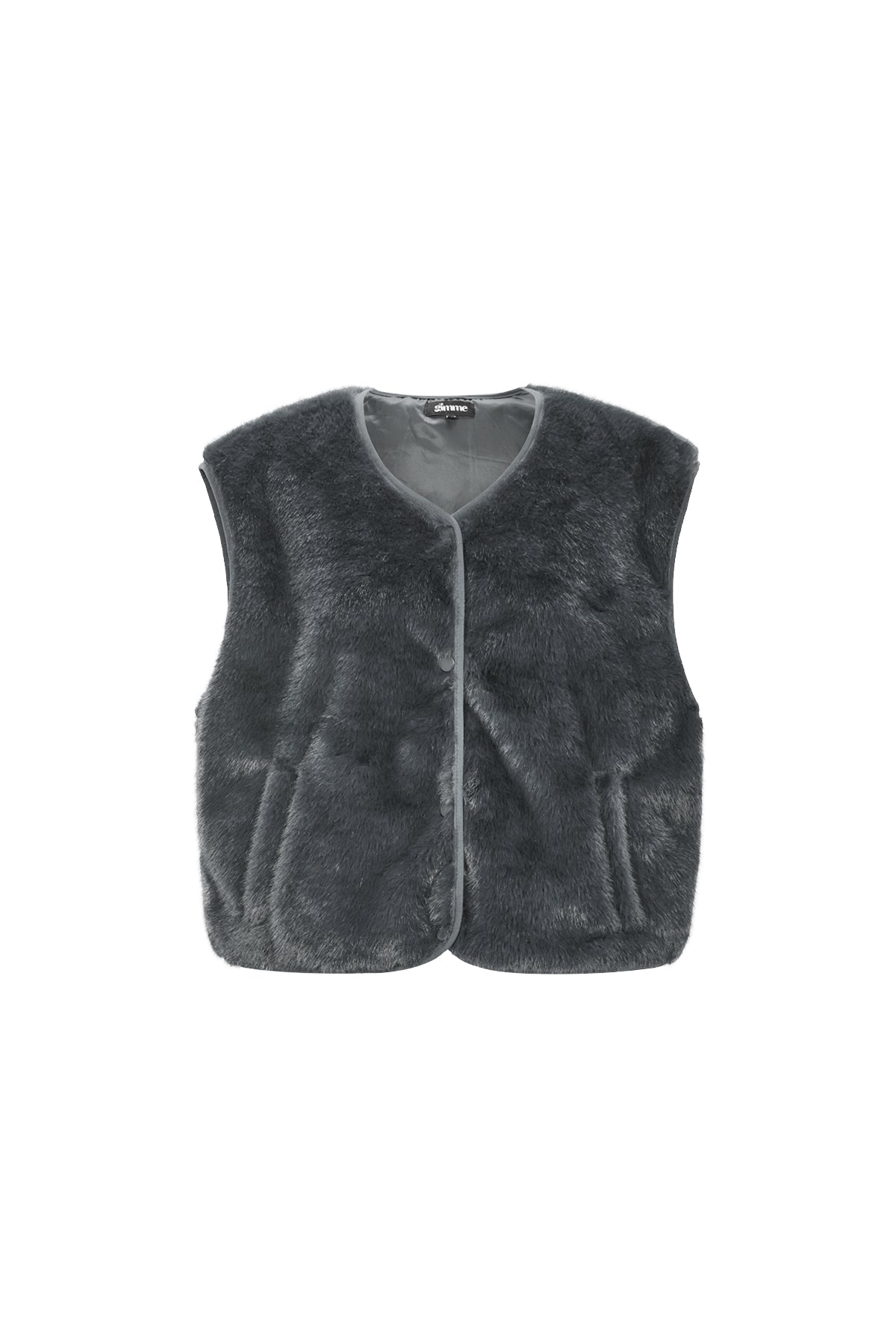 Dark grey Rylee faux fur vest with a smooth soft texture displayed on a white background from Sorea Fashion.