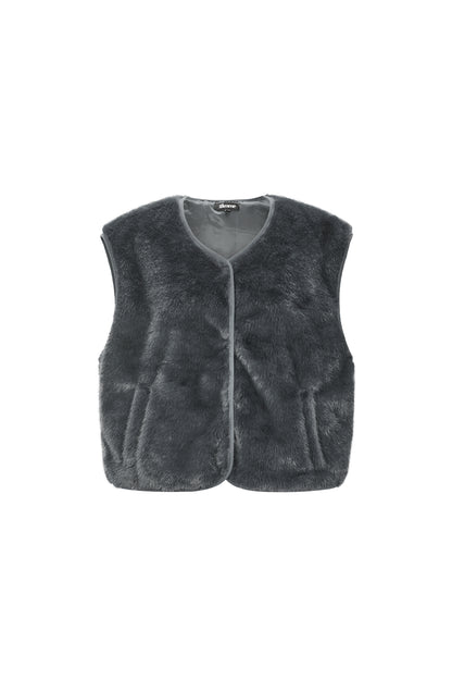 Dark grey Rylee faux fur vest with a smooth soft texture displayed on a white background from Sorea Fashion.