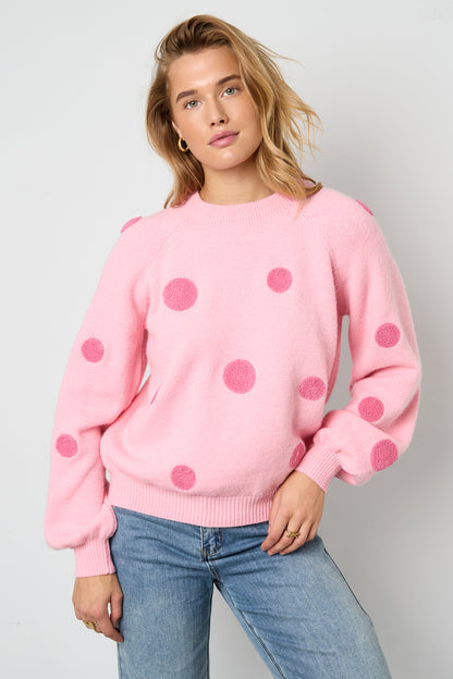 Pink Tess sweater with floral embroidery styled in a casual look from Sorea Fashion.